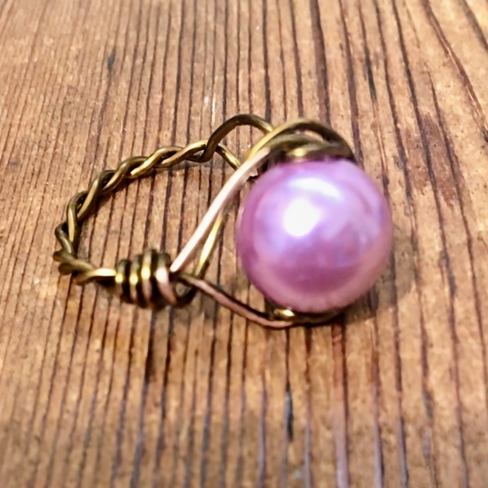 Wire Wrap Ladies Ring, Handmade Ladies Ring, Faux Pearl, Size 8